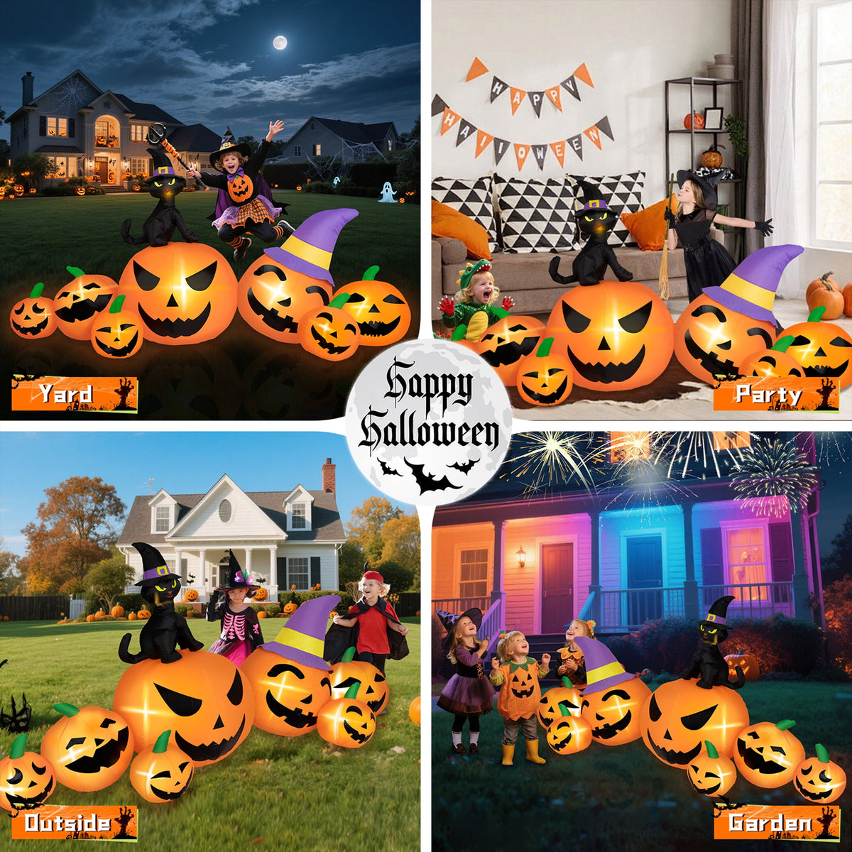 Haunt & Co B&D 8FT Long Halloween Inflatables Pumpkin, Blow Up Pumpkins Inflatables with Witch Hat & Black Cat Built-in LED Lights