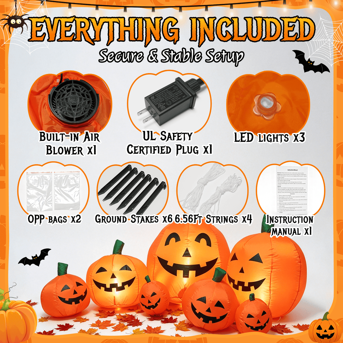 Haunt & Co 7.5 FT Long Halloween Inflatables Pumpkin Family Lighted,7 Pumpkins Blow Up Yard Decoration, Built-in LEDs, Stakes & Tethers Included