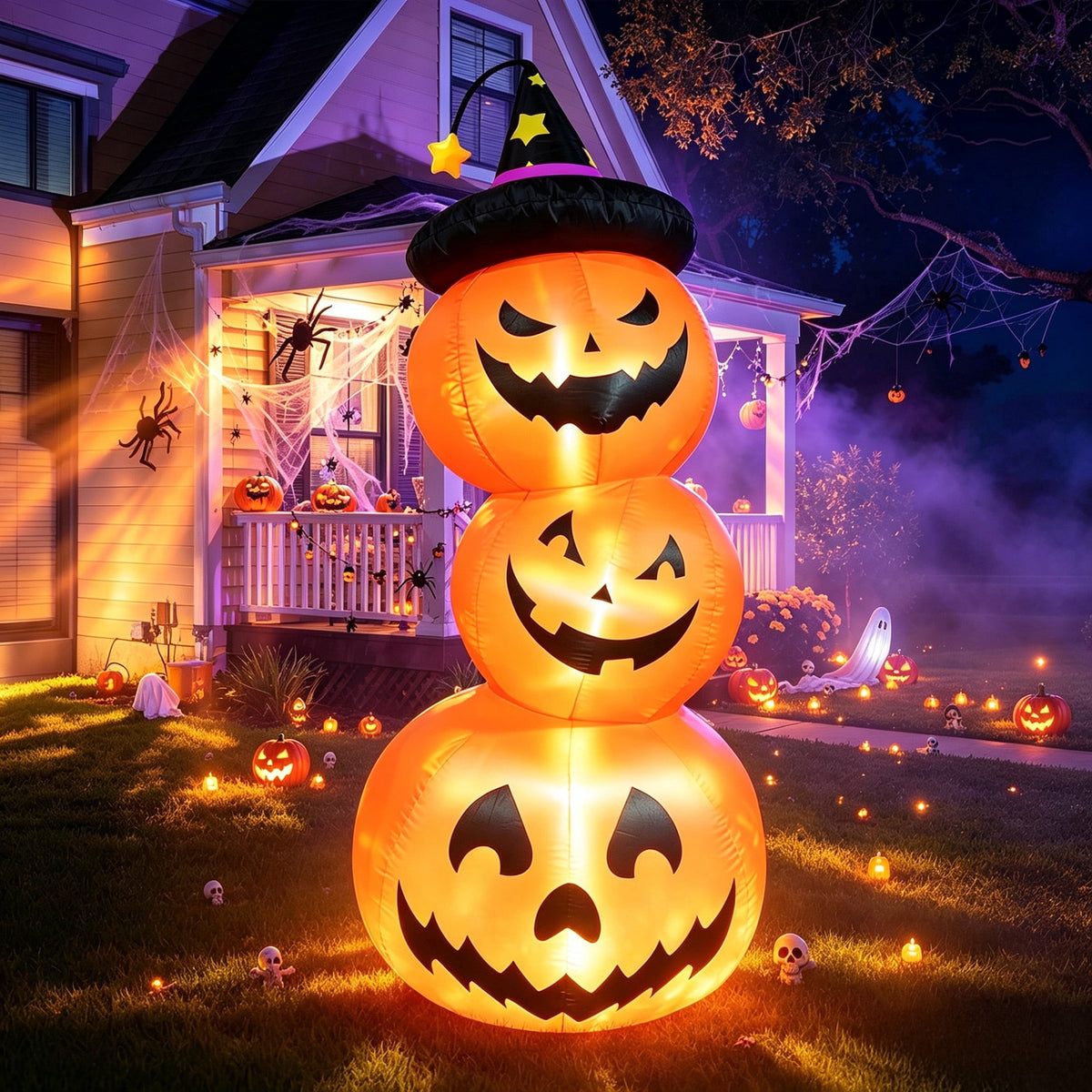 Haunt & Co Faburo 6FT Halloween Inflatable Pumpkin Stack with LED Lights, 3 Jack O Lantern Blow Up Outdoor