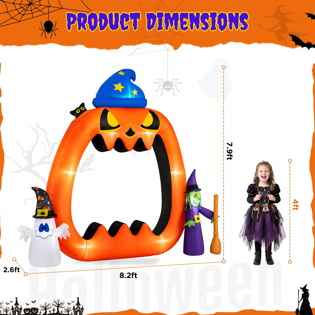 Haunt & Co 8.2ft Halloween Inflatable Pumpkins Photo Door with Ghost Witch Yard Party Outdoor Decorations with LED Lights