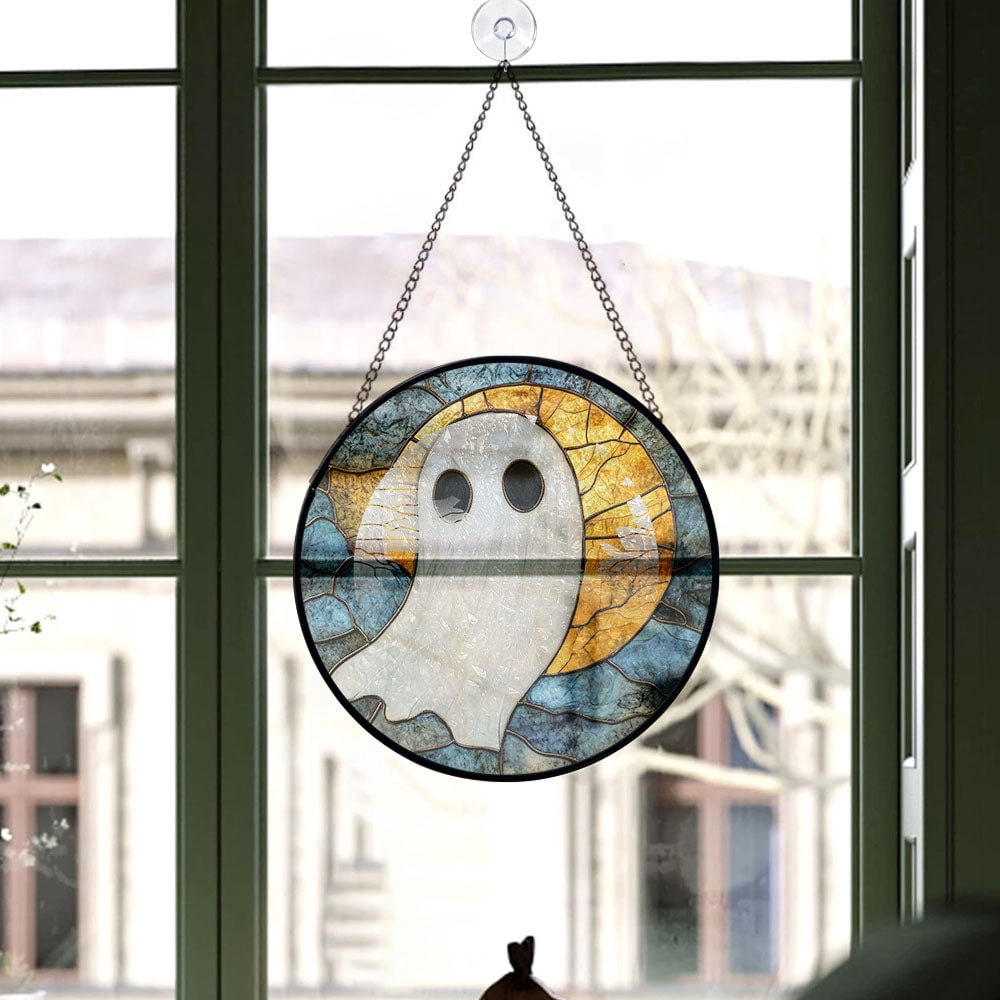 Haunt & Co Premium Christmas Gift - Halloween Scary Ghost Spookys Holiday Stained Glass Hanging Ornament - Festive Christmas Tree Decor, Seasonal Gift for Mom, Dad, Friends, Family