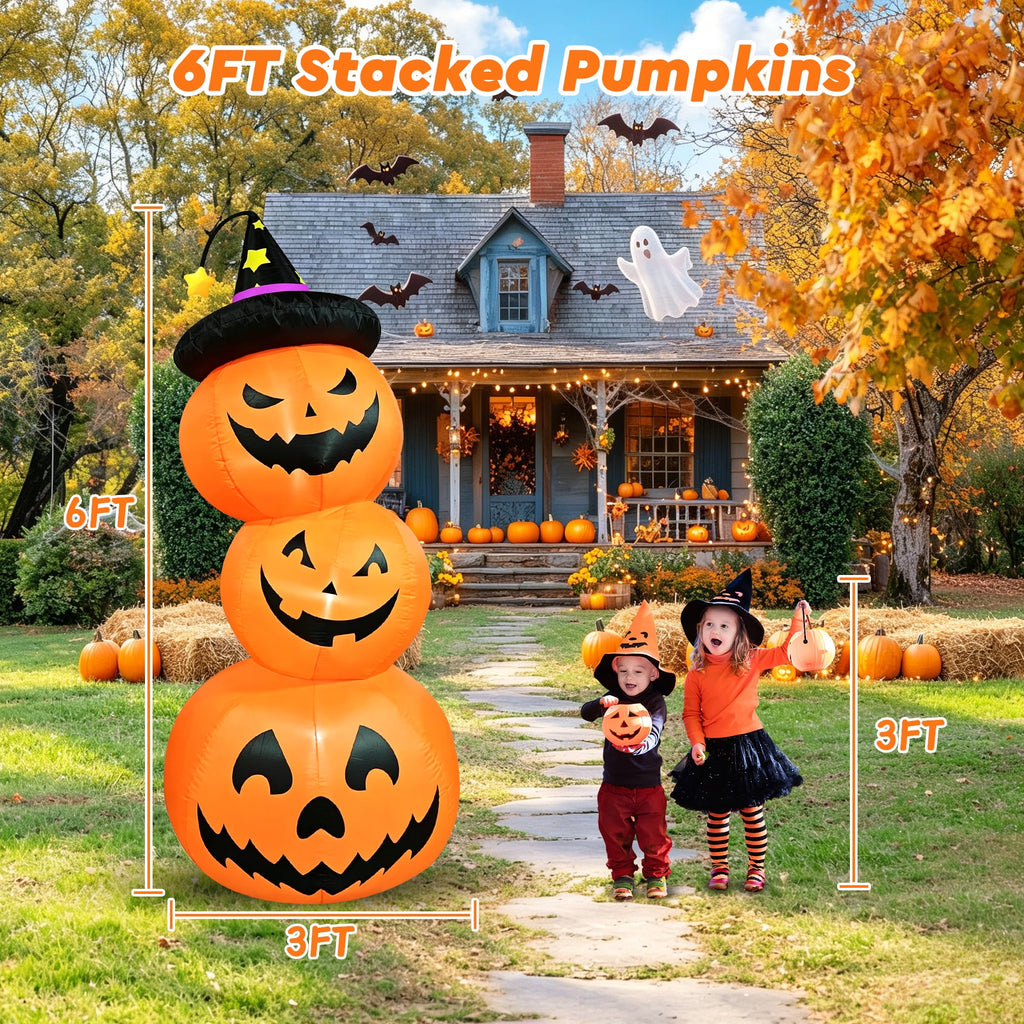 Haunt & Co Faburo 6FT Halloween Inflatable Pumpkin Stack with LED Lights, 3 Jack O Lantern Blow Up Outdoor