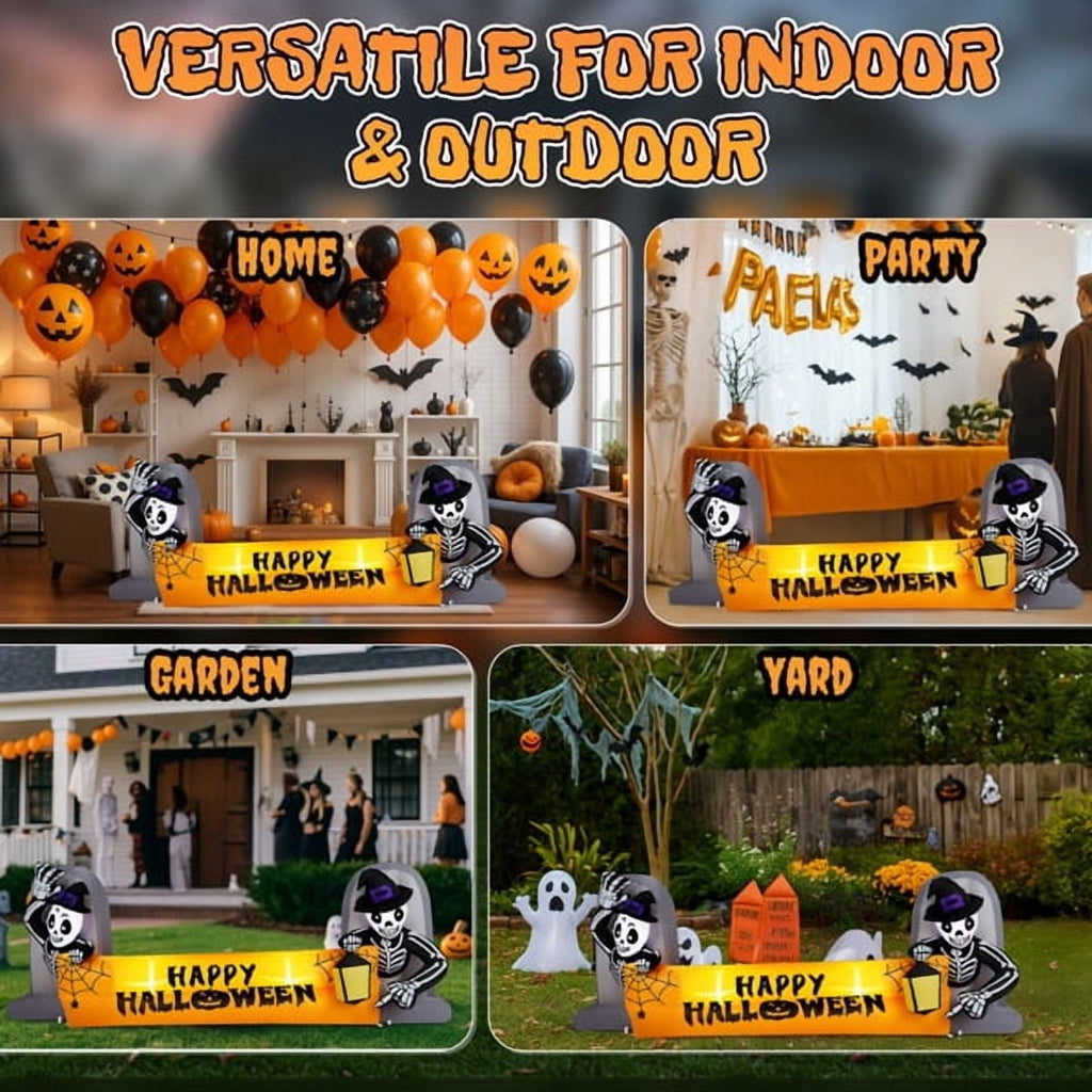 Haunt & Co 9.6FT Halloween Inflatable Skeleton Tombstone Banner, Built-in 4 White LED Lights, Quick Inflation