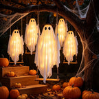 Haunt & Co Qwtwty Halloween Hanging Swinging Ghost Decor, Large Flying Ghost Halloween Ornaments with Witch Hat for Front Yard Patio Lawn Garden Party Decor