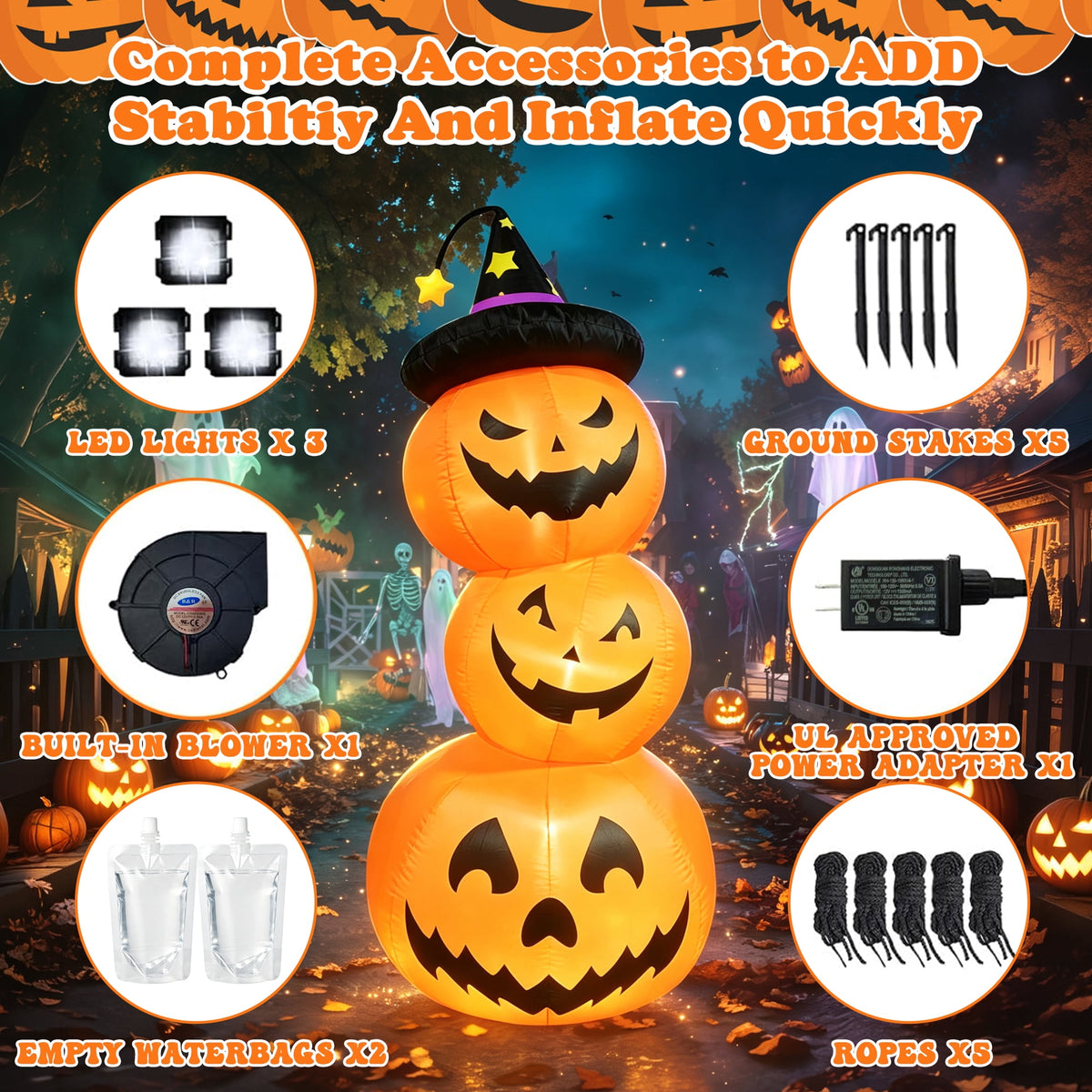 Haunt & Co Faburo 6FT Halloween Inflatable Pumpkin Stack with LED Lights, 3 Jack O Lantern Blow Up Outdoor