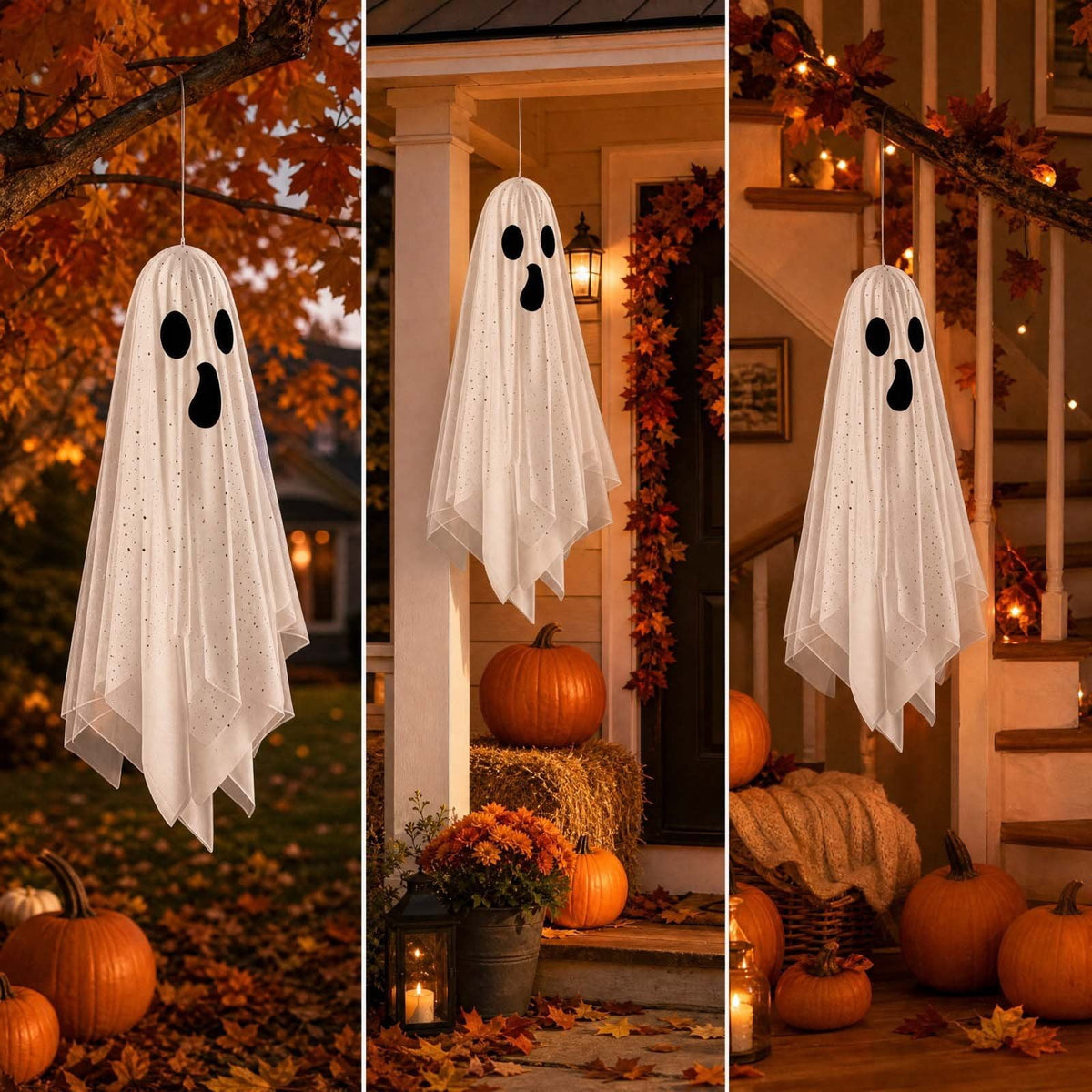 Haunt & Co OCCOA 3 Pack Hanging Ghost Decorations White Glitter Cloth Ghost Ornaments with Surprised Face for Halloween Indoor Outdoor Party Porch, White
