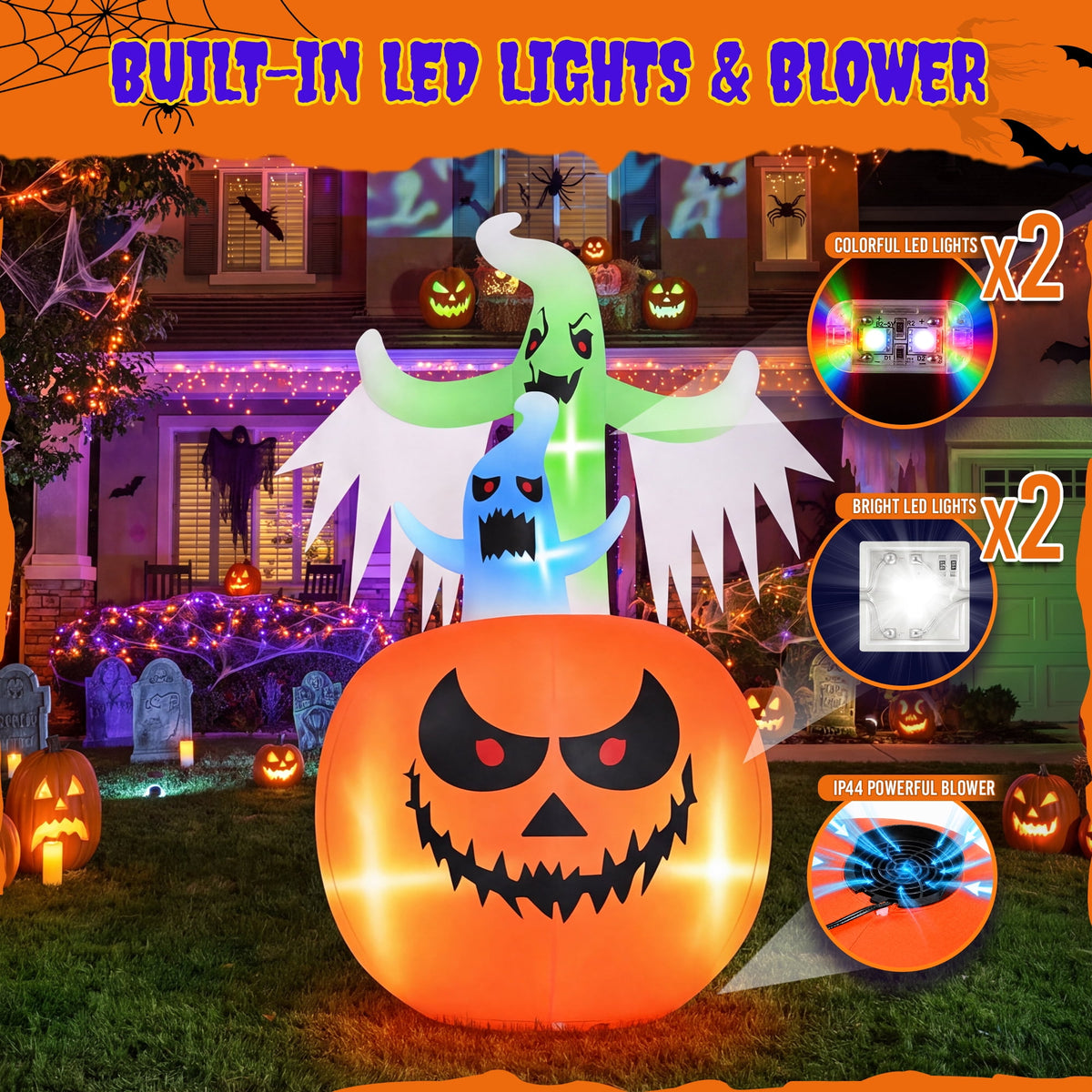 Haunt & Co 6ft Tall Halloween Inflatable,Ghosts Pumpkin with Colorful Flashing Lights,Blow ups Halloween Outdoor Decorations