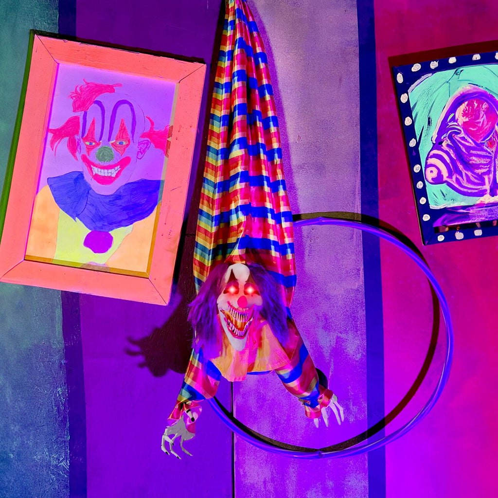 Haunt & Co 47 in Animatronic Hanging Upside Down Clown with Lights and Sound
