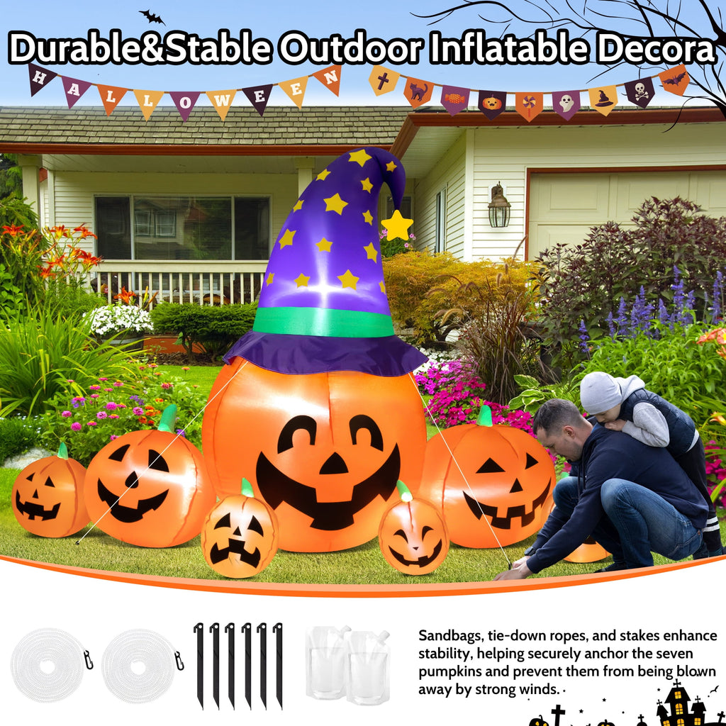 Haunt & Co 8.7ft Halloween Inflatables Pumpkins 7 Blow Up Decor with Witches Hat, Built-in LED Lights