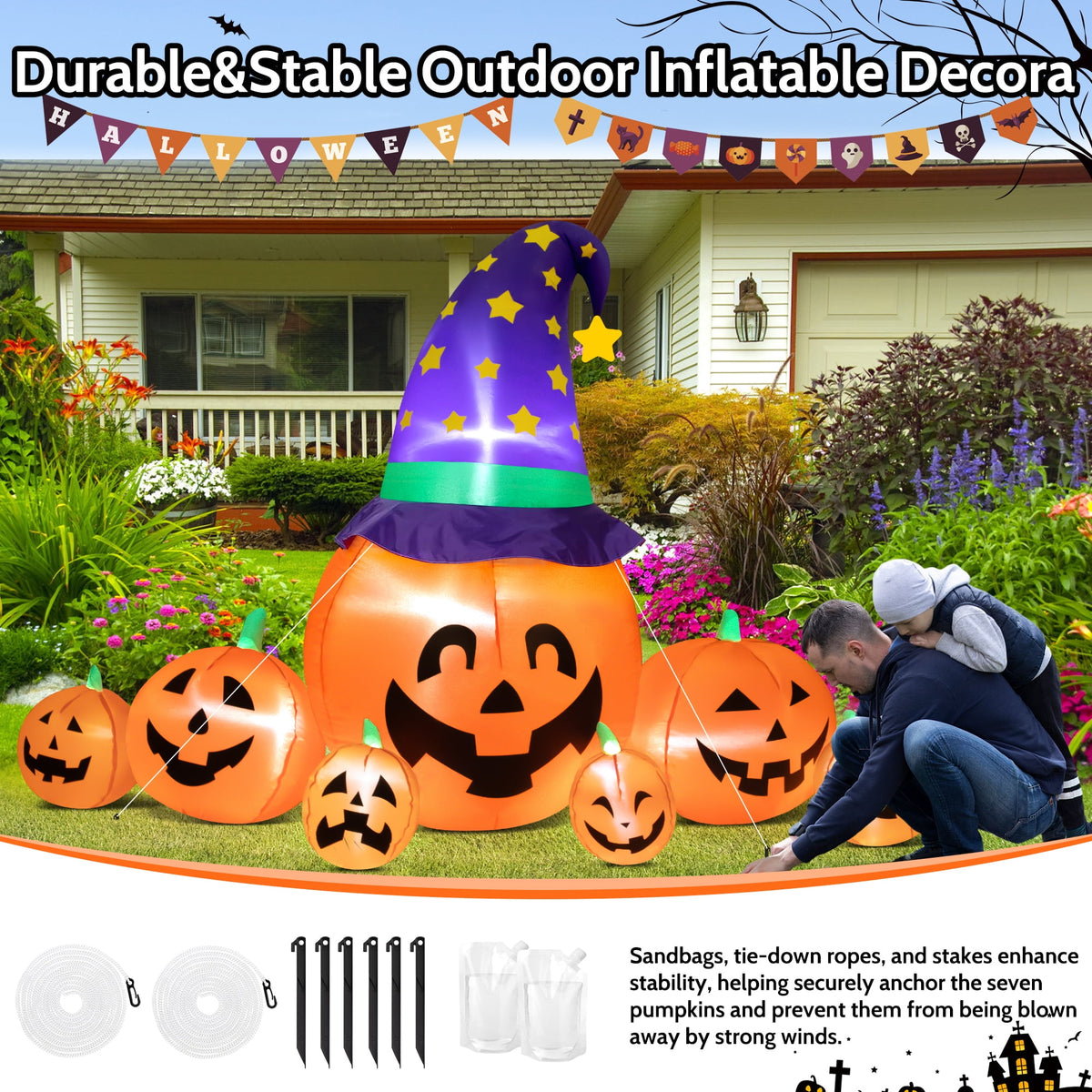 Haunt & Co 8.7ft Halloween Inflatables Pumpkins 7 Blow Up Decor with Witches Hat, Built-in LED Lights