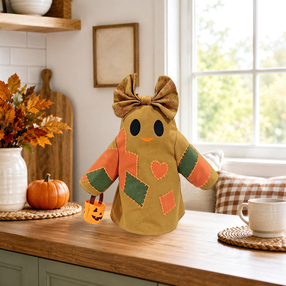 Haunt & Co Halloween Vintage Patchwork Ghost Doll, Linen Fabric Bow Ghost Ornament With Mini Pumpkin Bucket, Farmhouse Tabletop Hanging Holiday Decor