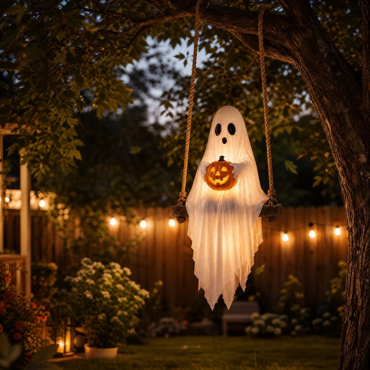Haunt & Co Halloween Swing Ghost Pumpkin Hanging Decor Warm Led Strip Cute Gentle Halloween Ornament With Wood Base Rope For Garden Tree Porch Balcony Party