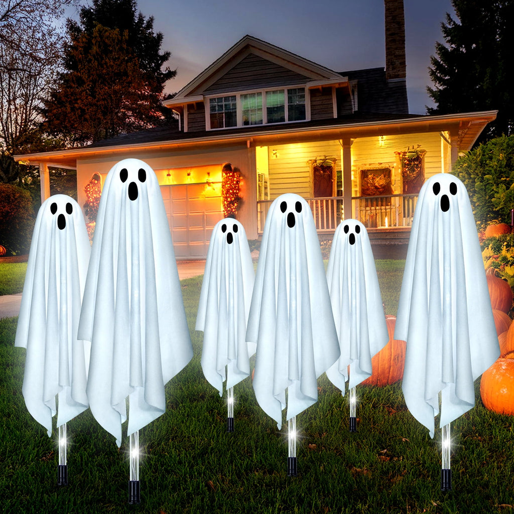 Haunt & Co Outdoor, 6 pack Light up Spooky Ghosts with 8 Modes LED Light - Scary Standing Ghosts Decor for Front Door Porch Yard Home Party