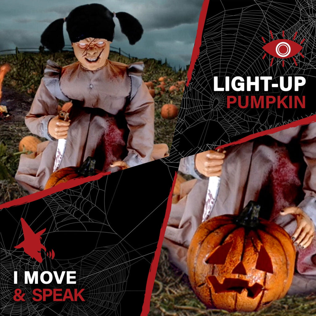 Haunt & Co Lunging Pumpkin Carver Zombie Girl with Jack O'Lantern by Tekky, 3.2 ft Premium Talking Halloween Animatronic