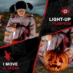 Haunt & Co Lunging Pumpkin Carver Zombie Girl with Jack O'Lantern by Tekky, 3.2 ft Premium Talking Halloween Animatronic