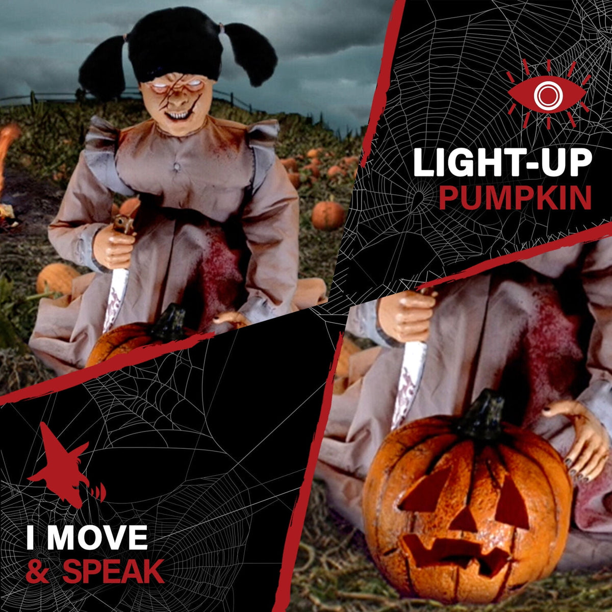Haunt & Co Lunging Pumpkin Carver Zombie Girl with Jack O'Lantern by Tekky, 3.2 ft Premium Talking Halloween Animatronic
