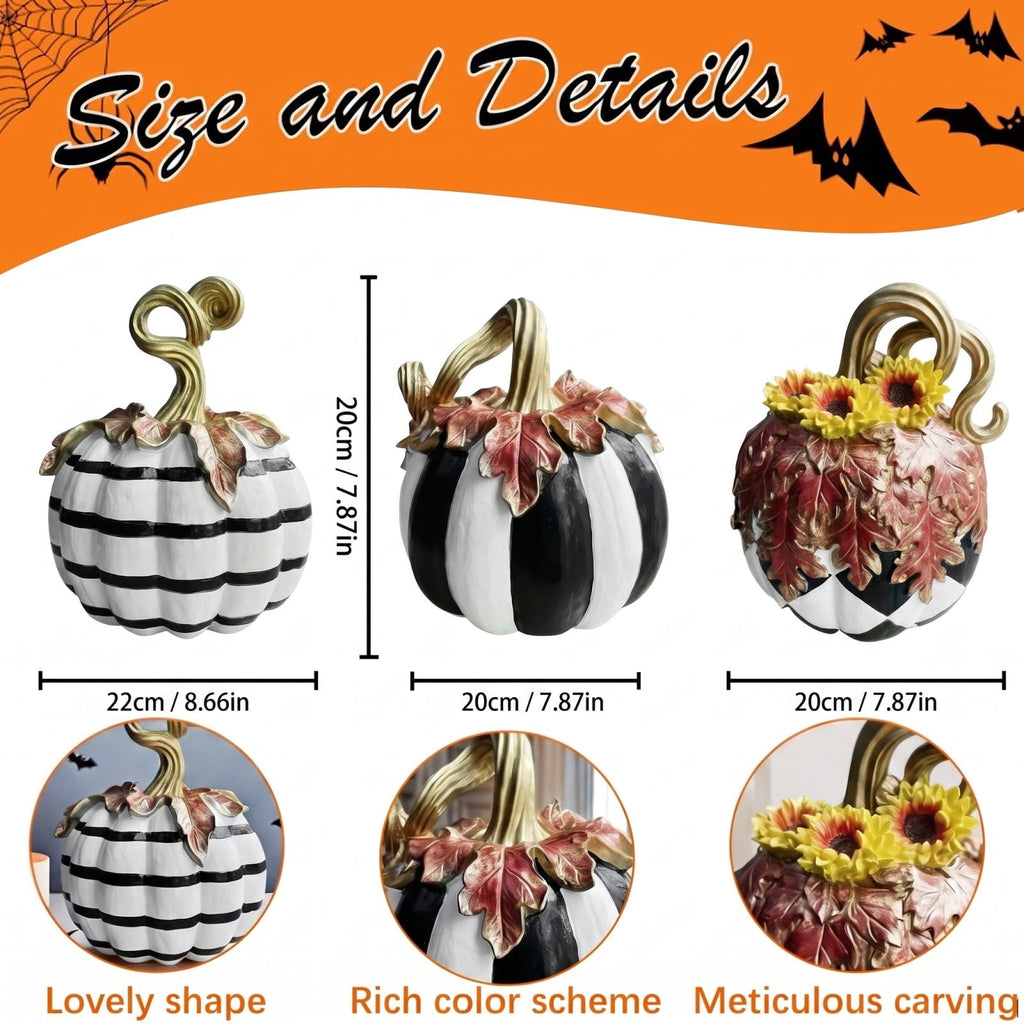 Haunt & Co GIPQJK Resin Pumpkin Decoration Sculpture, Black White Striped Halloween Ornament with Gold Bow, Retro Garden Pole Prop for Party Home Decor, 1 Piece A
