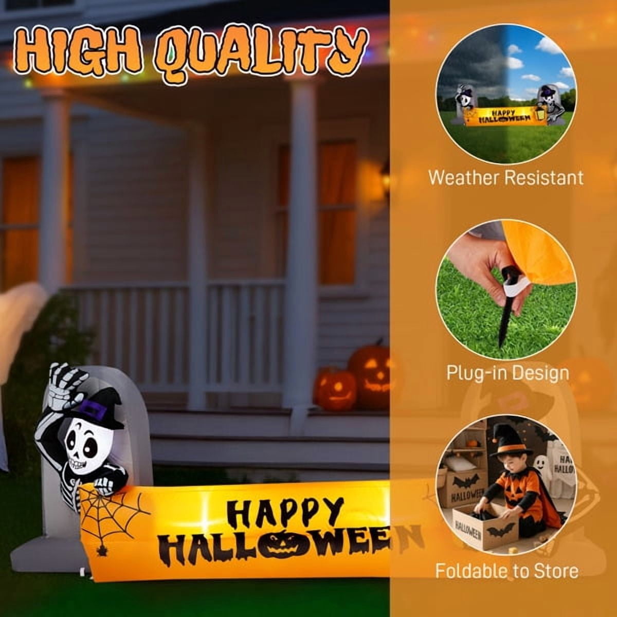 Haunt & Co 9.6FT Halloween Inflatable Skeleton Tombstone Banner, Built-in 4 White LED Lights, Quick Inflation