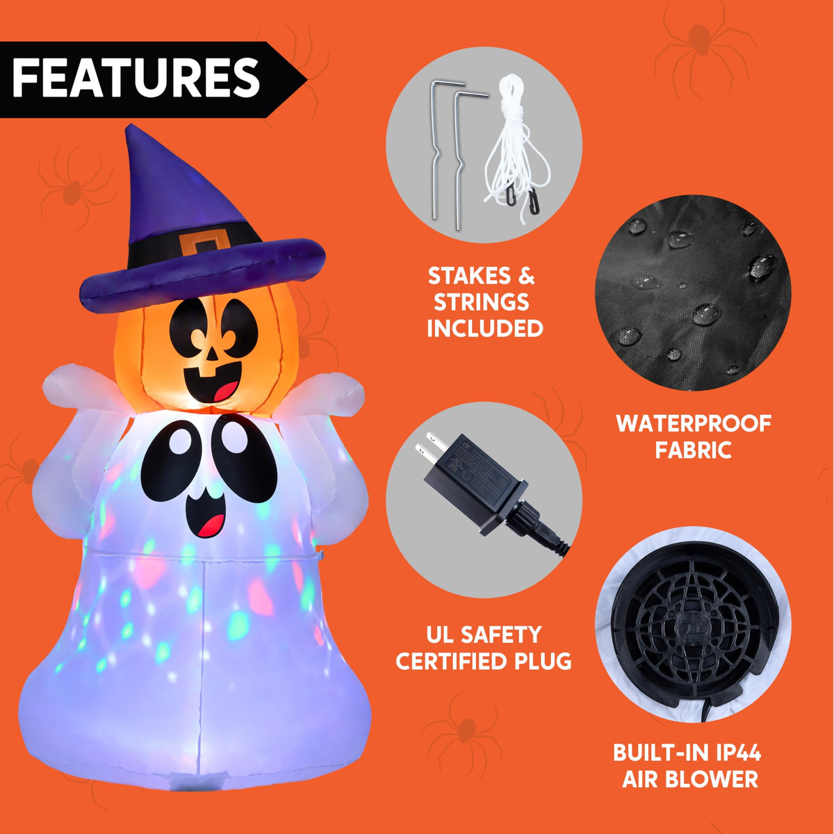Haunt & Co 5Ft Halloween Inflatable Pumpkin Ghost with Colorful LED Lights,Halloween Blow Up Cute Decor