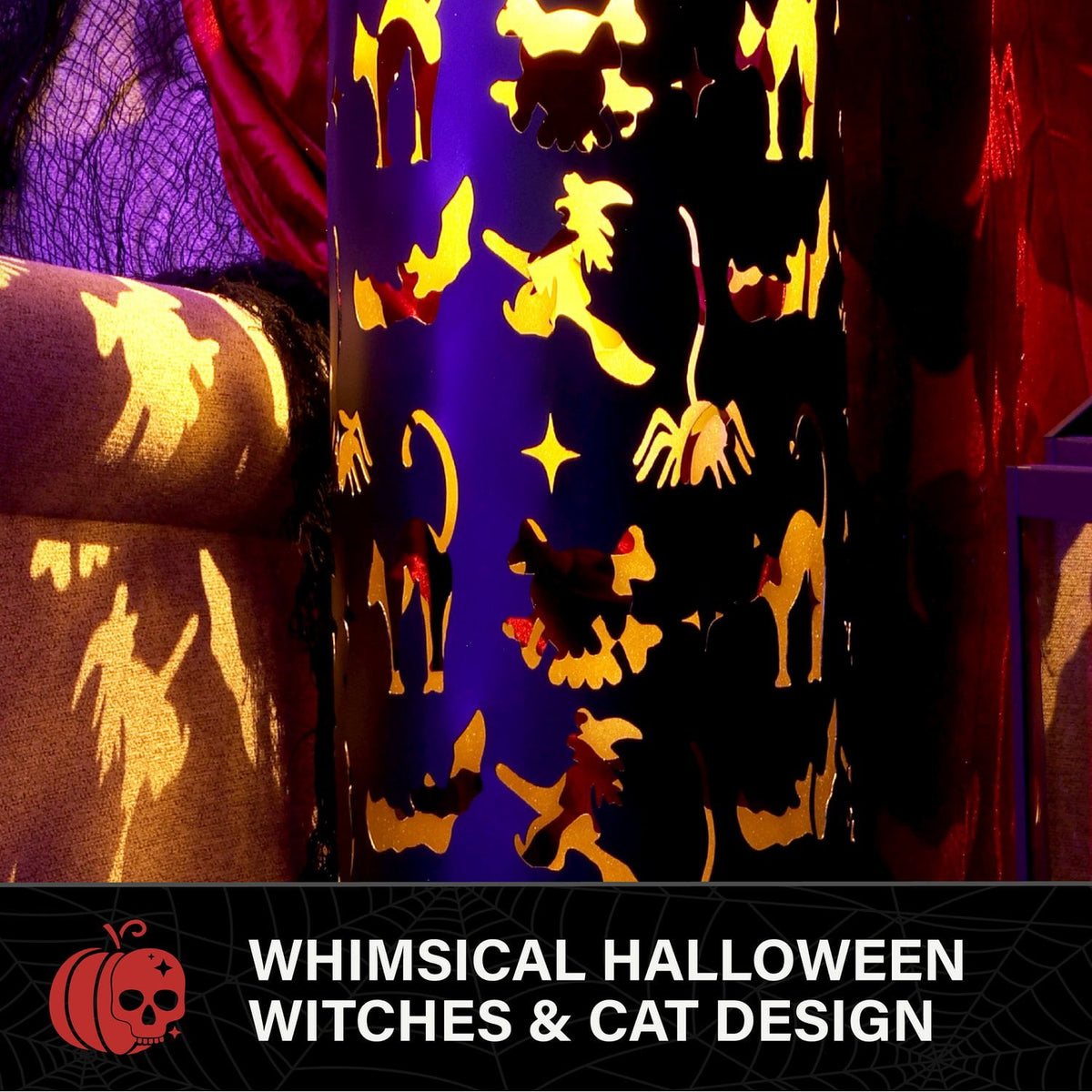 Haunt & Co Pillar Lantern Black Halloween Décor with LED Cat/Ghost Cutouts, 2.7-Ft