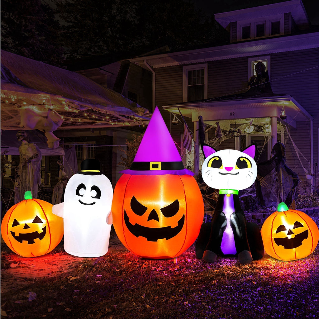 Haunt & Co 8ft Halloween Inflatable Pumpkin & Black Cat Ghost with LED Lights - Outdoor Yard & Garden Decoration