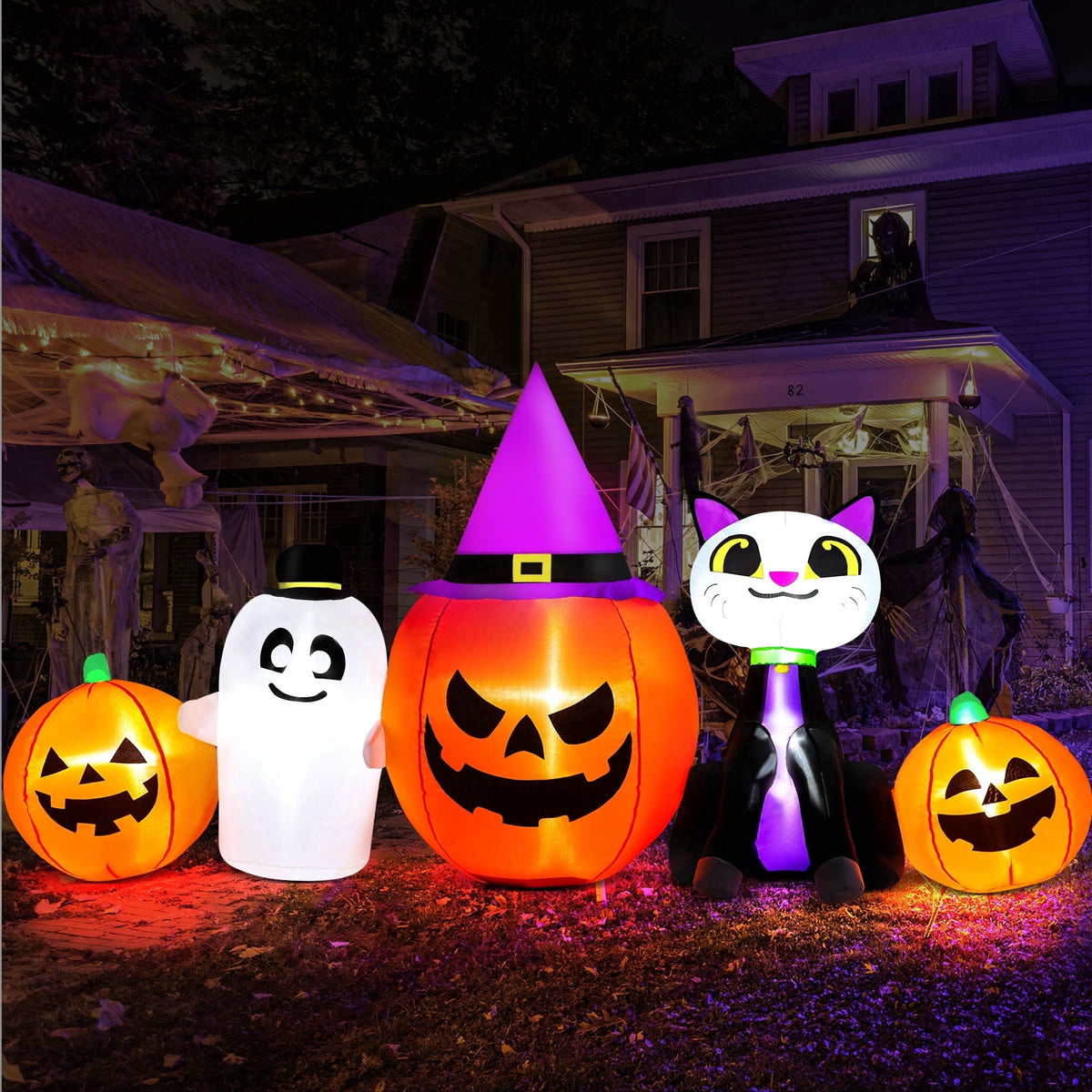 Haunt & Co 8ft Halloween Inflatable Pumpkin & Black Cat Ghost with LED Lights - Outdoor Yard & Garden Decoration