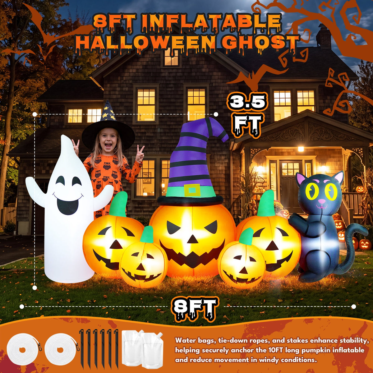 Haunt & Co 8FT Long Halloween Inflatable Pumpkin with Ghost and Black Cat,Outdoor with LED Lights