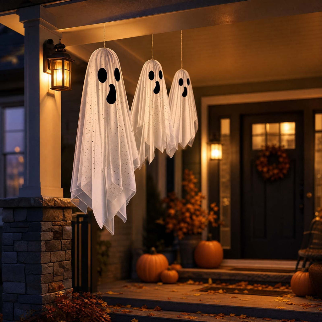 Haunt & Co OCCOA 3 Pack Hanging Ghost Decorations White Glitter Cloth Ghost Ornaments with Surprised Face for Halloween Indoor Outdoor Party Porch, White