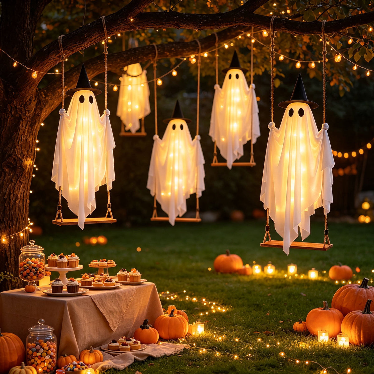 Haunt & Co Qwtwty Halloween Hanging Swinging Ghost Decor, Large Flying Ghost Halloween Ornaments with Witch Hat for Front Yard Patio Lawn Garden Party Decor