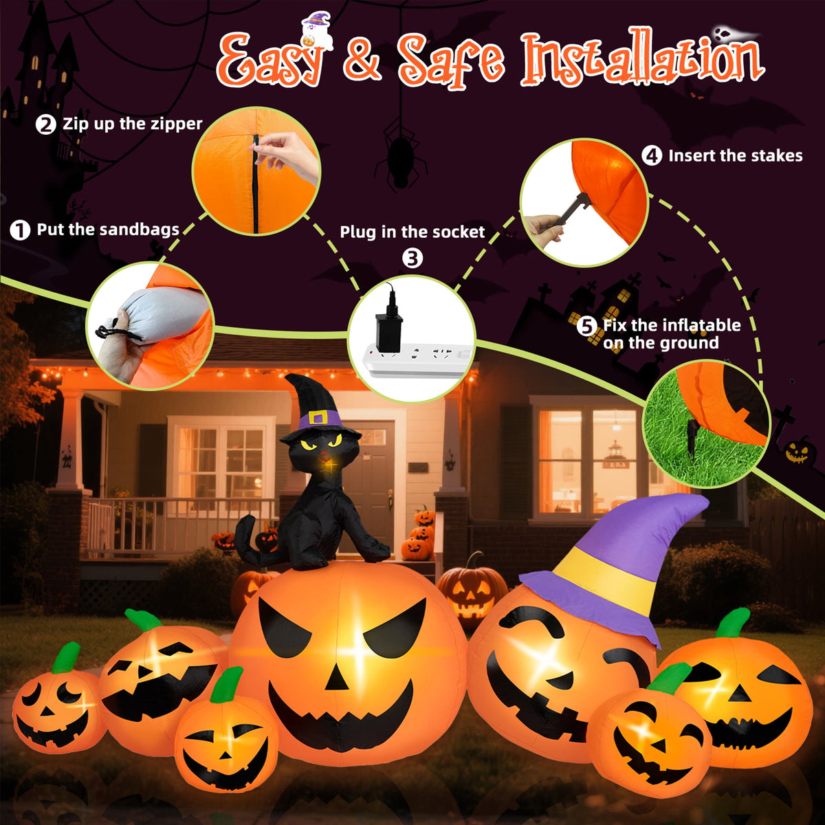 Haunt & Co B&D 8FT Long Halloween Inflatables Pumpkin, Blow Up Pumpkins Inflatables with Witch Hat & Black Cat Built-in LED Lights