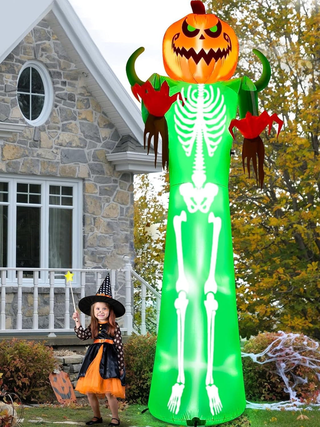 Haunt & Co 12FT Halloween Inflatable with LED Lights - Giant Pumpkin & Skeleton Outdoor Decoration