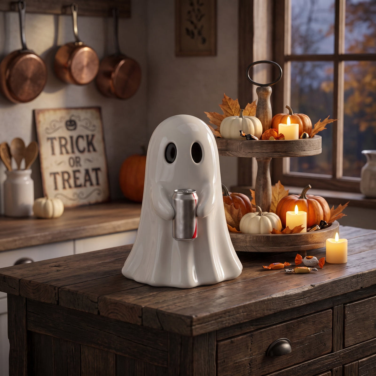 Haunt & Co Halloween Decor Cute Ghost Holding Soda Can Resin Figurine, Halloween Table Decor Spooky Ghost Desktop Ornament, Halloween Ornaments Funny Halloween Decorations for Indoor Home Party Shelf Display-A