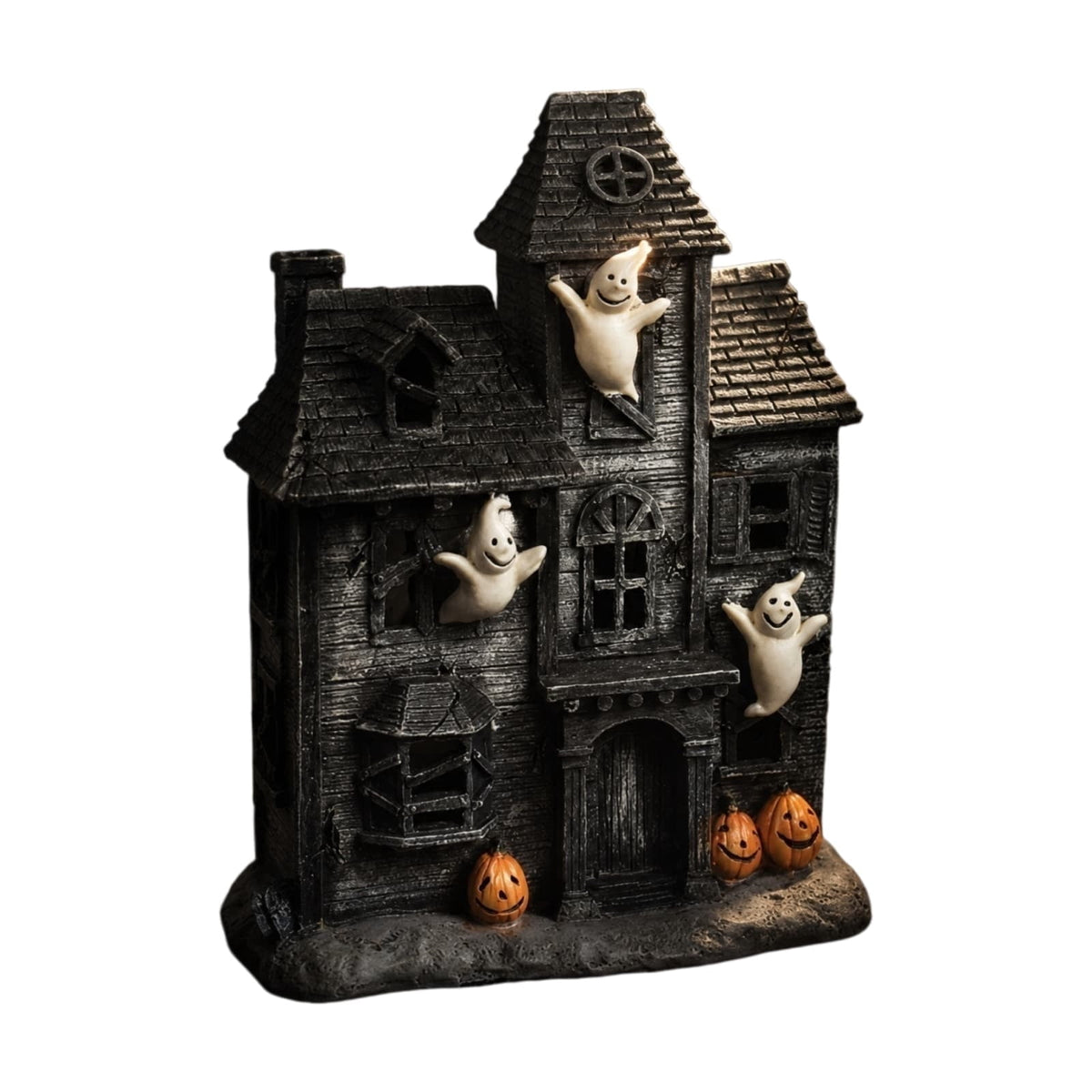 Haunt & Co Haunted House Figurine with Ghosts and Pumpkin Decor, Vintage Style Hanging Ghost Ornaments, Halloween Mantel Shelf Tabletop Centerpiece for Indoor Party
