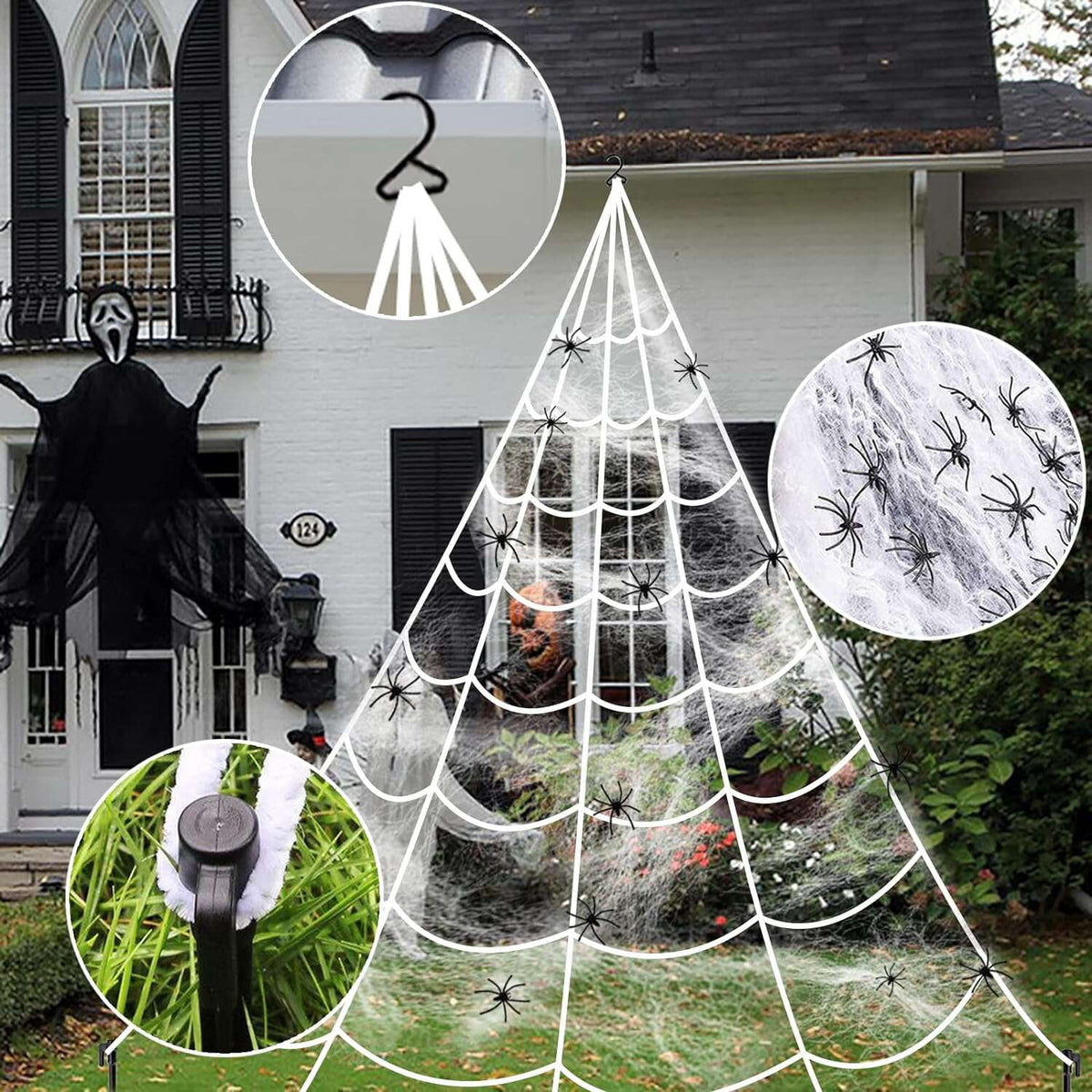 Haunt & Co Coolmade Halloween Giant Spider Web Lights Decorations Outdoor, 16.4ft 250 LED Lighted Spider Web Light up with 8 Modes with 59" Giant Spider