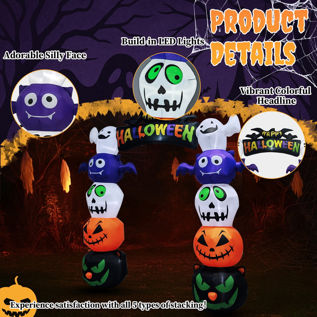 Haunt & Co 8.2' Halloween Inflatables Pumpkin Ghost Archway, Blow up Hallowee Decorations with Built-in LED Lights for Holiday