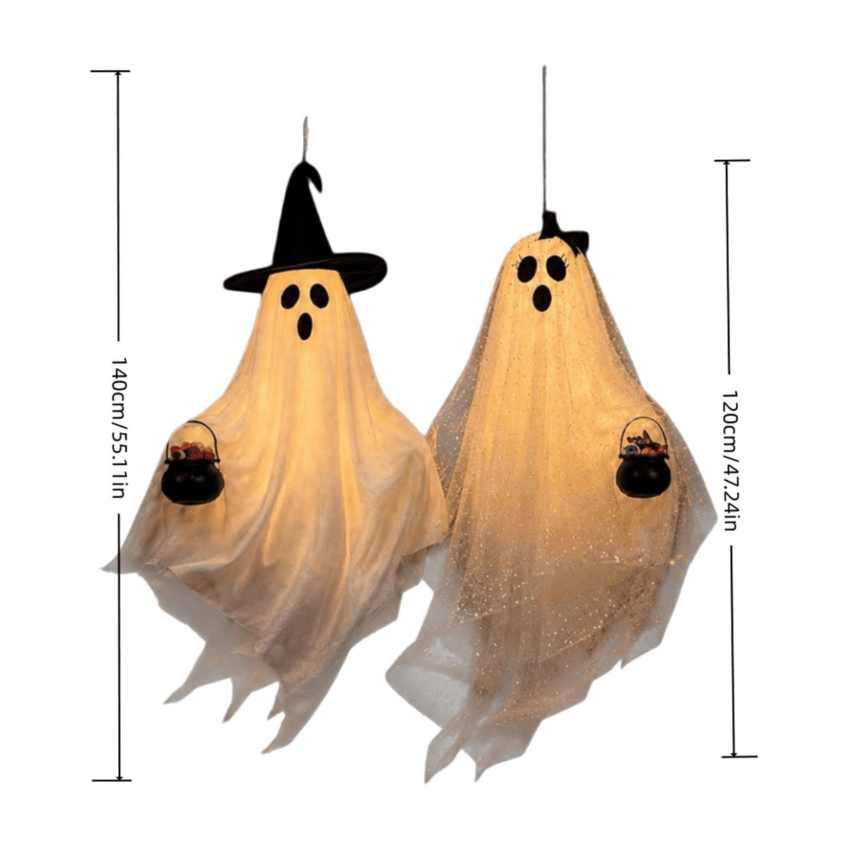 Haunt & Co Halloween Hanging Ghost Witch Hat Decorations 2 Pack Couple Ornaments, Outdoor Yard Garden Hanging Decor With Bow And Cauldron Accents, Front Porch Holiday Party Decoration