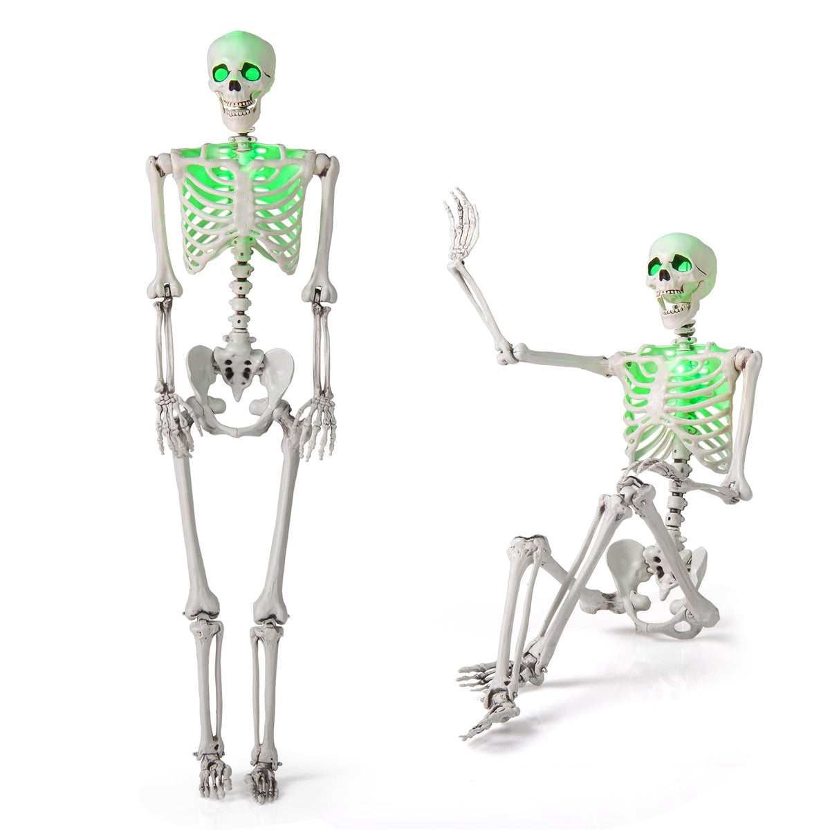 Haunt & Co Costway 5.5 FT Poseable Halloween Skeleton Life-Size Decoration with Built-in Lights Green