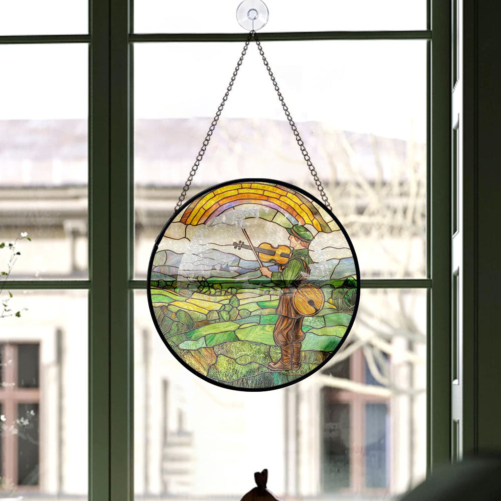 Haunt & Co Minimalist Christmas Gift - Harp Shamrocks Halloween Christmas Stained Glass Hanging Ornament - Holly & Pine Holiday Tree Decoration, Gift for Friends, Family, Mom & Dad
