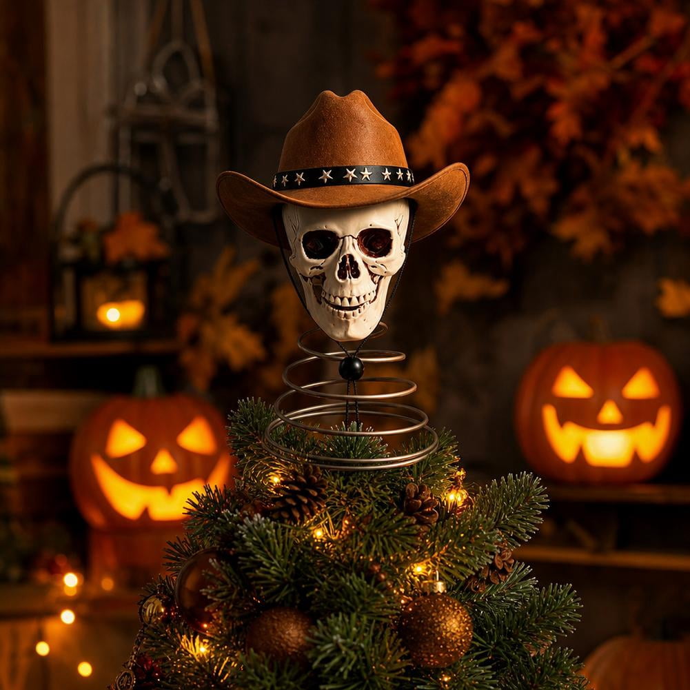 Haunt & Co Halloween Tree Topper, Skeleton Xmas Tree Topper, Halloween Skeleton Trees Decoration, Plastic Skull Ornament with Metal Spring Base, Spooky Holiday Home Party Decor