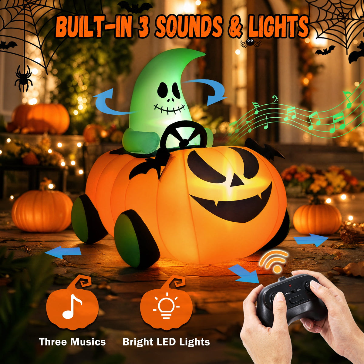 Haunt & Co (2 pack) 2.6ft Halloween Inflatable with Music and Lights,Remote Control Pumpkin Ghost Car,Blow ups Rc Car,Indoor Outdoor,Orange Green
