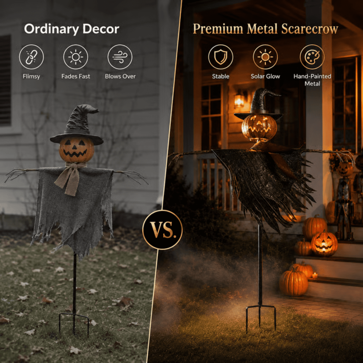 Haunt & Co Solar Lighted Pumpkin Scarecrow Sentinel, Handâ??Painted Metal Lightâ??Up Jackâ??oâ??Lantern Ornament, Solar Powered Yard Art, Spooky Decor for Halloween Party, Garden and Backyard