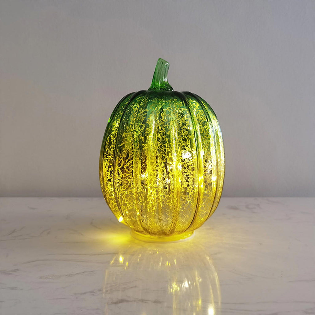 Haunt & Co FantasyFrolic Summerween Green Gradient Glass Pumpkin Lantern, LED Electronic Glowing Ornament for Halloween Party Home Decor B