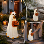 Haunt & Co Clearance! Halloween Ghost Dog Statue with Pumpkin Candy Bowl, 14" LED Ghost German Shepherd Blow-Molded Figurine Outdoor, Halloween Candy Holder Decoration Gift for Porch Yard Patio Indoor