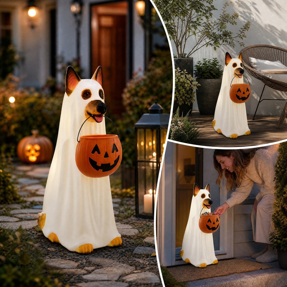 Haunt & Co Clearance! Halloween Ghost Dog Statue with Pumpkin Candy Bowl, 14" LED Ghost German Shepherd Blow-Molded Figurine Outdoor, Halloween Candy Holder Decoration Gift for Porch Yard Patio Indoor
