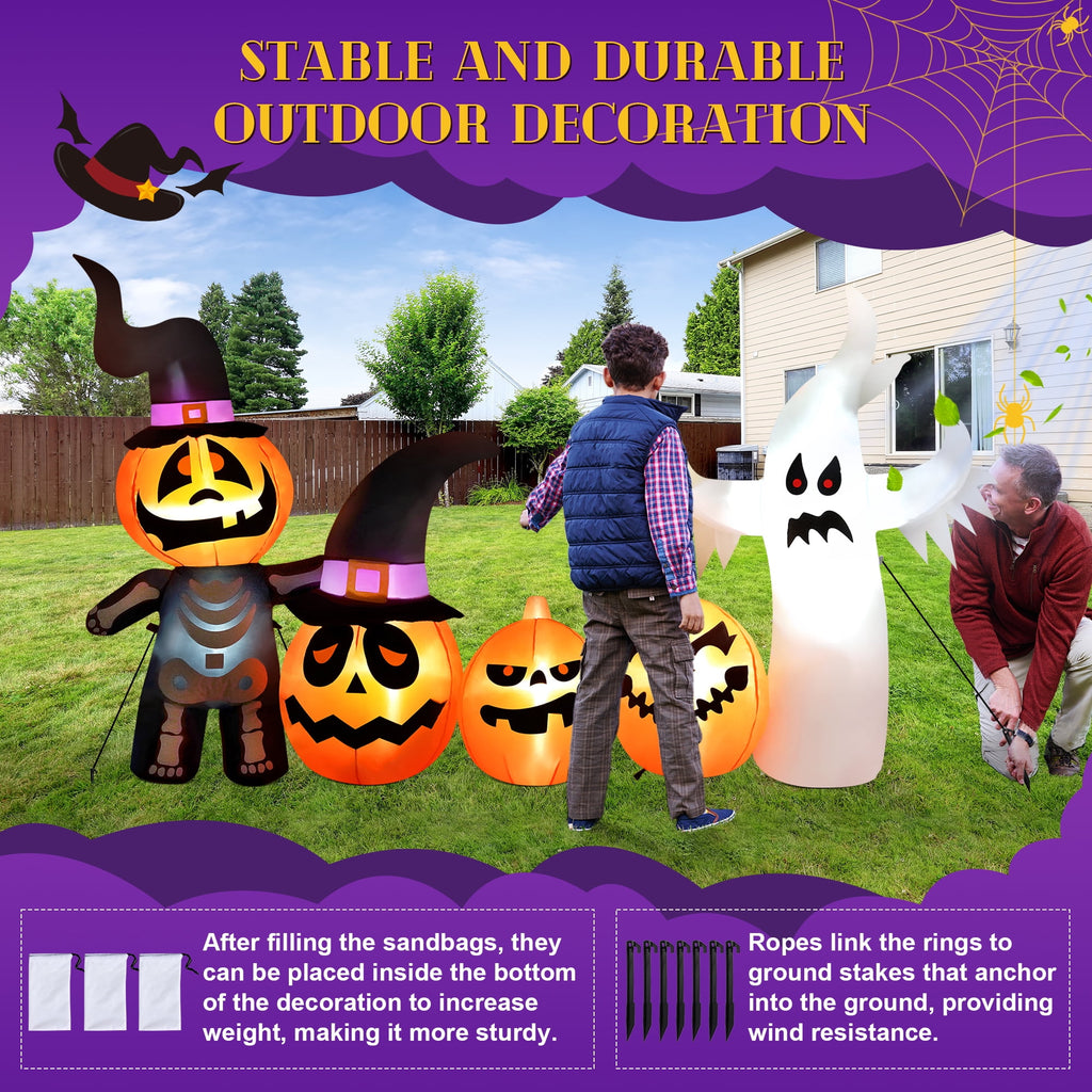 Haunt & Co Vrilay Halloween Inflatables, 7 FT Long 4 Pumpkins with Cute White Ghost Outdoor Decorations, Built-in LEDs, Blow Up Party, Waterproof Yard, Garden, Lawn Decor