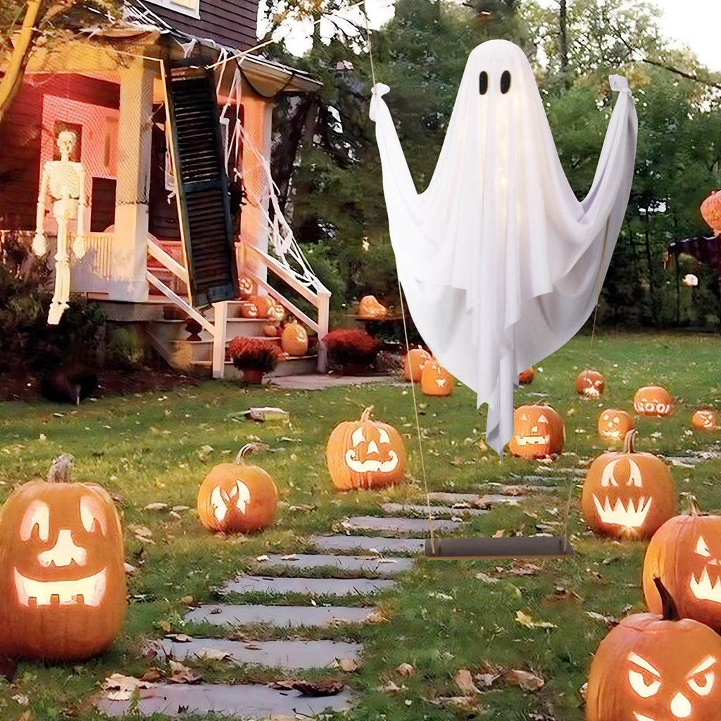 Haunt & Co LED Light Up White Cloth Ghost Swing Tree Hanging Decor, Spooky Flying Ghost On Wooden Swing Outdoor Yard Porch Ornament, Halloween Haunted House Party Tree Hanging Seasonal Atmosphere Decor Gift