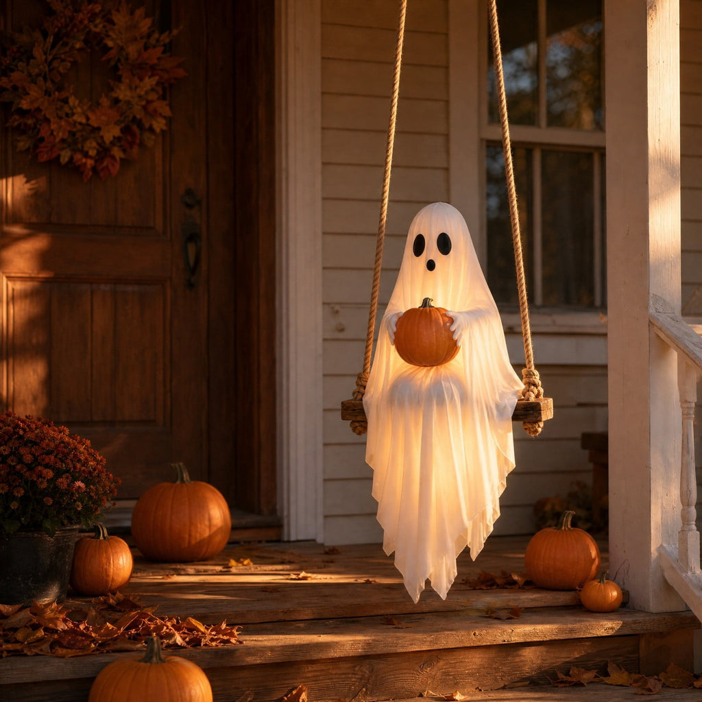 Haunt & Co Halloween Swing Ghost Pumpkin Hanging Decor Warm Led Strip Cute Gentle Halloween Ornament With Wood Base Rope For Garden Tree Porch Balcony Party