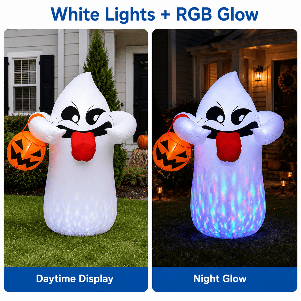 Haunt & Co 5FT Halloween Inflatable Ghost Holding Pumpkin Lantern, Light-Up Blow Up Outdoor Yard Decoration with RGB LED Lights