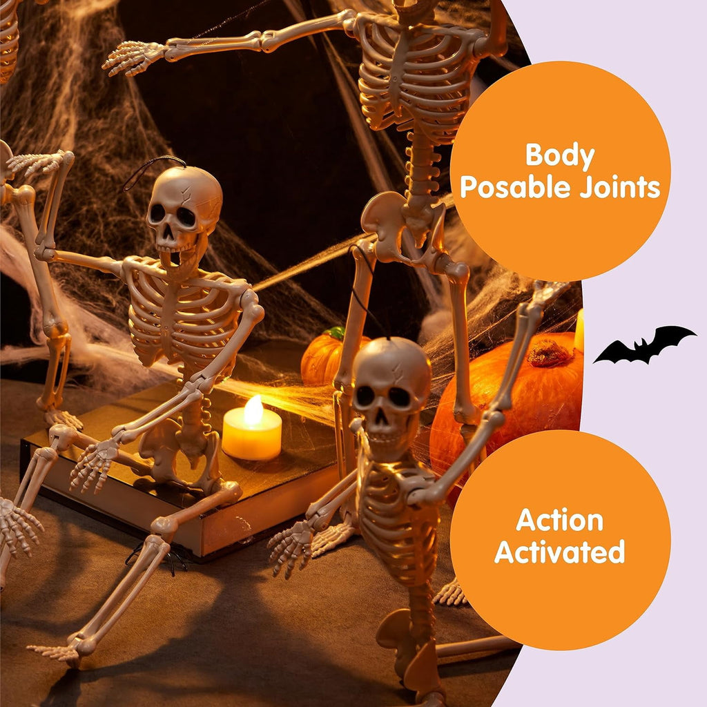 Haunt & Co 5 PCS Posable Halloween Skeleton Decor 16 Inches, Full Body Posable Joints Hanging Skeletons for , Graveyard Props, Haunted House Accessories, Spooky Scene Party Favors