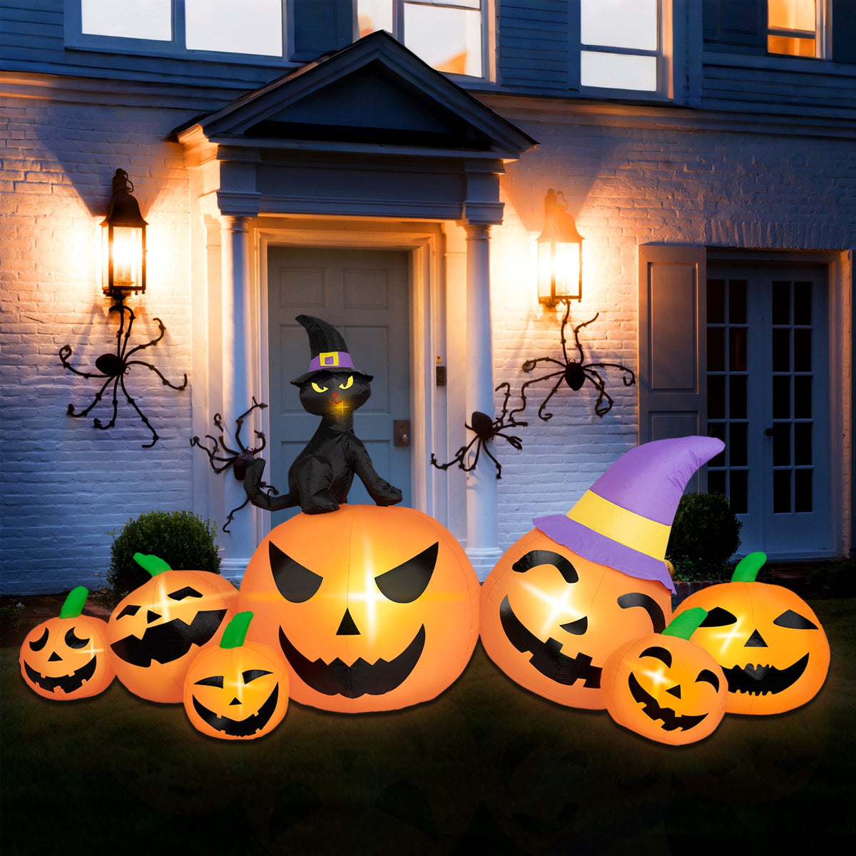Haunt & Co B&D 8FT Long Halloween Inflatables Pumpkin, Blow Up Pumpkins Inflatables with Witch Hat & Black Cat Built-in LED Lights